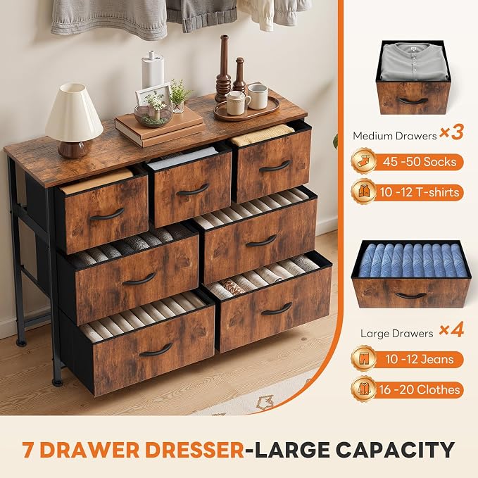 Sweetcrispy 7 Drawer Dresser for Bedroom Storage with Fabric Bins, Brown | Anti-Tip Closet Organizer, Wooden Top and Sturdy Steel Frame, Spacious Drawers for Clothes Storage, Hallway Entryway