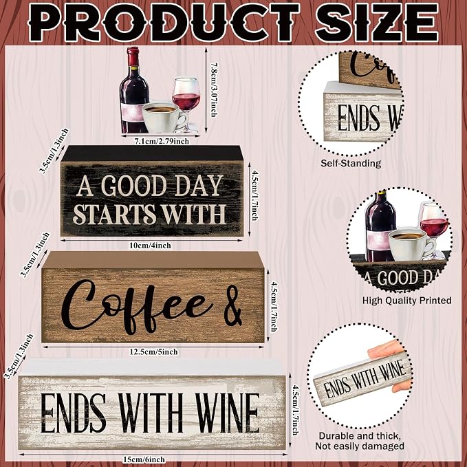 Lineshading 4 Pcs Coffee and Wine Bar Decor Farmhouse Kitchen Counter Decor | Rustic Tabletop Display, Bar Decor for Coffee Wine Lovers, Farmhouse Kitchen Counter Gift, Layered Wooden Blocks