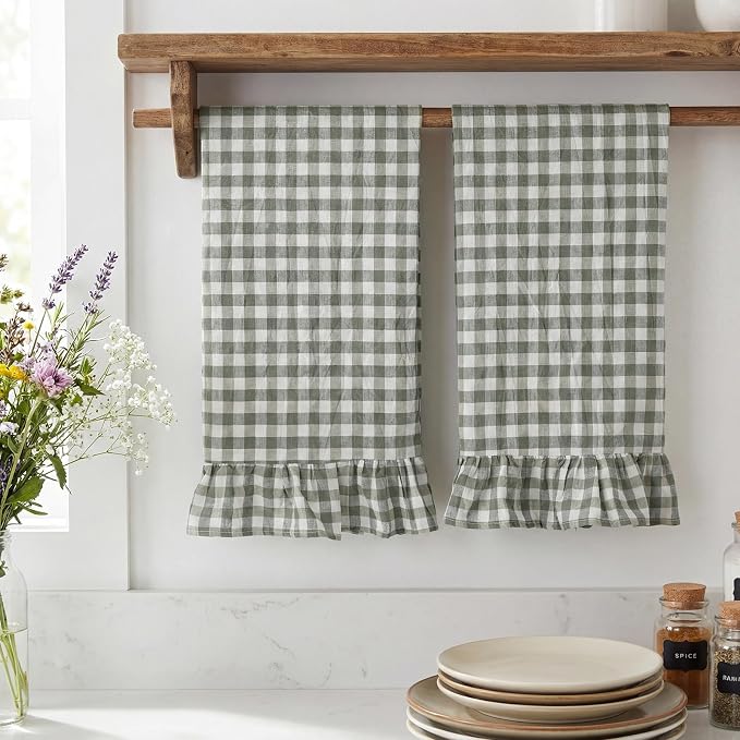 HunnmingRe 2 Pcs Sage Green Gingham Kitchen Towels Cotton Ruffled | Checked Dish Towels 18"x28" Tea Cloths Plaid Cottage Core Kitchen Decor for Farmhouse Charm Drying Dishes Entertaining Guests