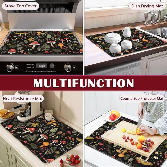 Retro Mushroom Stove Top Cover Glass Cooktop Heat Resistant Cover,Forest Plant Moth Ceramic Stove Top Covers Mat Prevents Scratching Stoves/Counter/Washer Protector, 28x20 in
