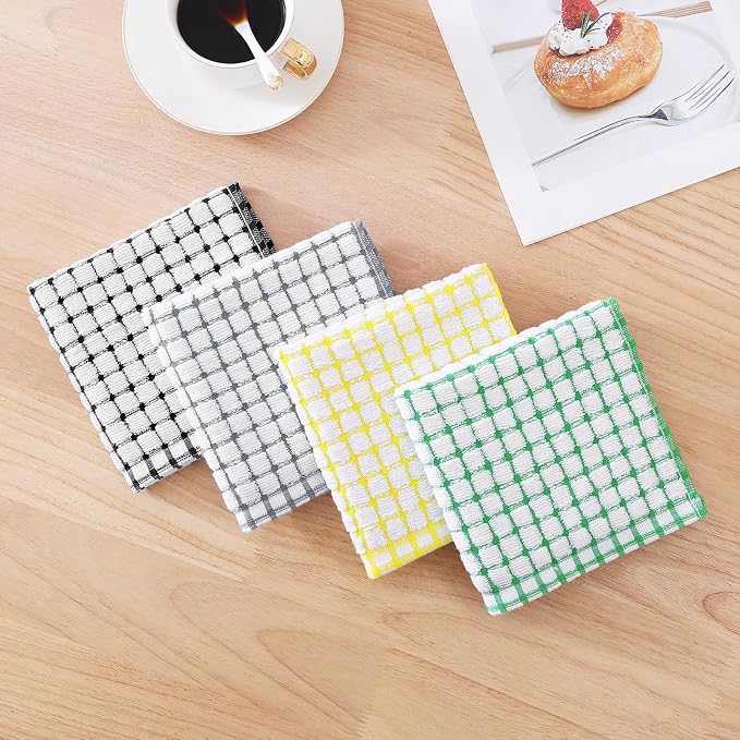 Kitinjoy Cotton 16 Pack Terry Kitchen Dish Cloths, Multi-Colored | 12 x 12 Inches Super Soft and Absorbent Dish Rags, Quick Drying Dish towels for Washing Dishes