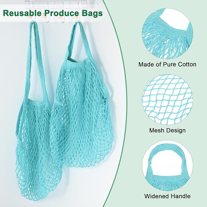 M METERXITY 2-Pack Cotton Mesh Bag, Reusable Washable Mesh Net String Grocery Bags, Reusable Produce Bags with Handle, Net Tote Bag for Fruits Shopping [Blue-Green, Long&Short Handle]