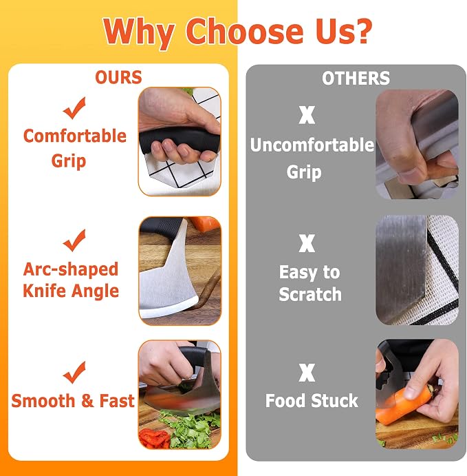 Salad Chopper Mezzaluna Knife with Protective Cover and Anti-Slip Handle - Stainless Steel Vegetable Cutter, Onion Chopper, Pizza Cutter
