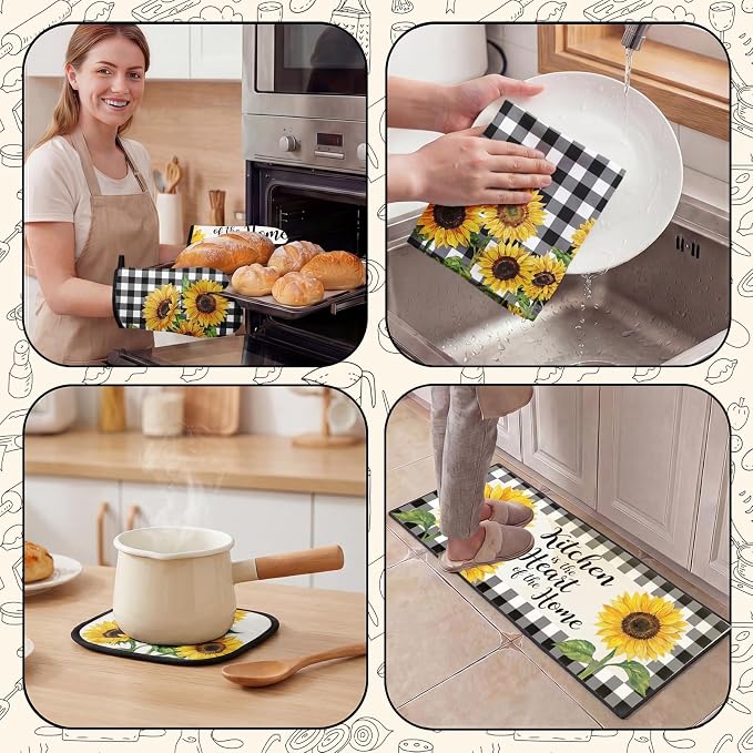 10 Pcs Kitchen Decor and Accessories Set, SunflowerRustic Botanical | Floral 4 Dish Towels Kitchen Rugs 2 Oven Mitts 2 Pot Holders, Home Decor for Cooking Baking BBQ Gifts Women Mom Housewarming