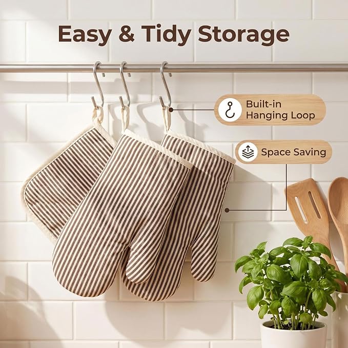 4Pcs Oven Mitts and Pot Holders, Heat Resistant Oven Mitts Set with Pothholder,Heat Resistant Microwave Gloves Safe for Baking,Cooking, BBQ (Khaki)