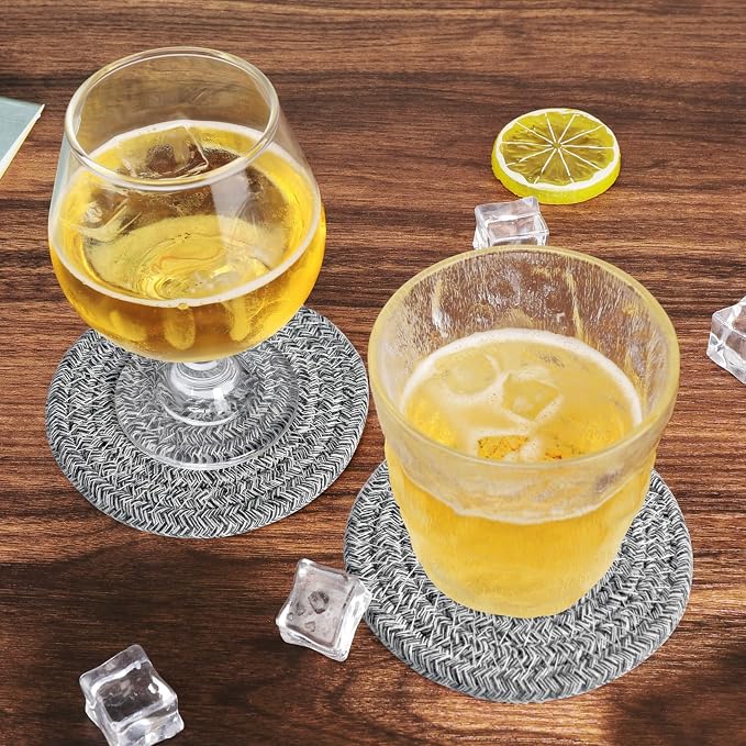 ABenkle Drink Coasters with Holder Set of 10, Cotton Woven Absorbent Coasters for Drinks, Minimalist Home Decor Coaster Set for Wooden Tabletop Protection Table, 4.3 inches
