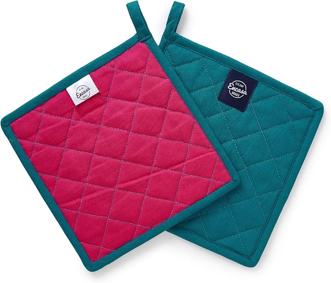 Encasa XO Pot Holders, Quilted Kitchen Hot Pads 8"x8" Azul Blue | 100% Heavyweight Cotton | Quilted Insulation | Multipurpose Trivets & Hot Pads | Hanging Loop | Set of 2