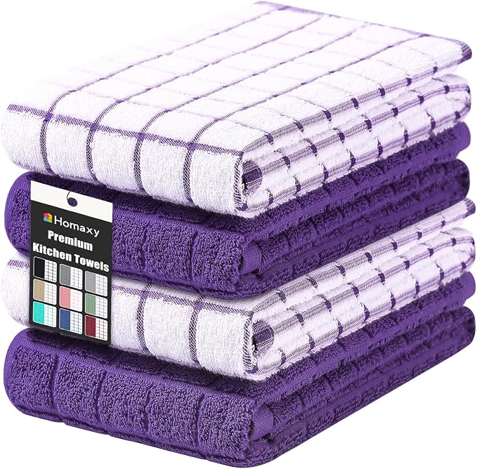 Homaxy Large Premium Cotton Kitchen Towels 16"x 28", 4 Pack, Purple | Natural Ring Spun 390 GSM Dish Towels, Super Absorbent Terry Kitchen Hand Towels, Soft Tea Towels with Hanging Loop