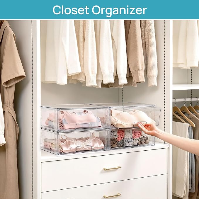Vtopmart 4 Pack Large Clear Stackable Storage Drawers for Closet, Pantry | Easily Assemble Bathroom Closet Undersink Organizers,Plastic Bins for Cabinet,Kitchen Pantry,Medicine Organization