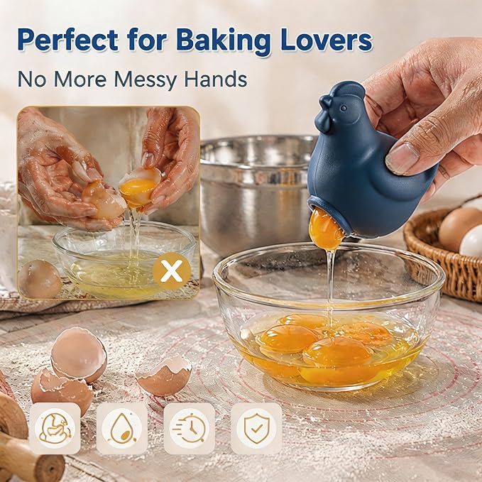 Silicone Hen-Shaped Egg Yolk Separator, Blue | For Baking, BPA-Free, Food-Grade Yolk Remover Tool, Dishwasher Safe, Funny Kitchen Gadget Gift for Women