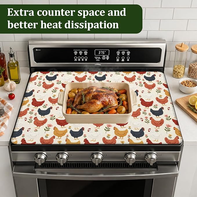 Cute Roosters Chicken Hens Stove Top Covers for Electric Stove,Plants Electric Gas Stove Pad Heat Resistant Range Cooktop Protector for Home Decor Kitchen 28.5"x20.5"
