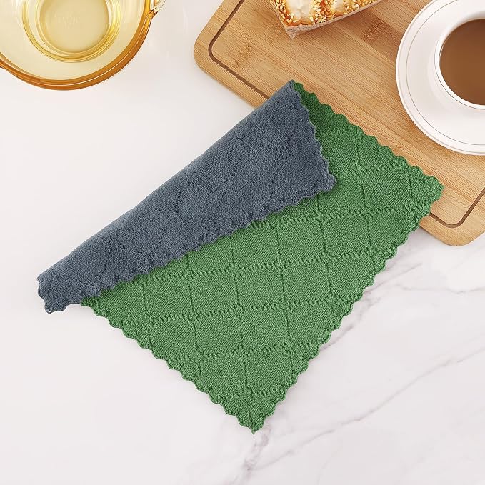 Homaxy 12 Pack Super Soft Dish Cloths, 10" x 10", Dark Grey & Grass Green | Coral Velvet, Nonstick Oil Fast Drying Microfiber Cleaning Cloth, No Lint Household Dishcloths