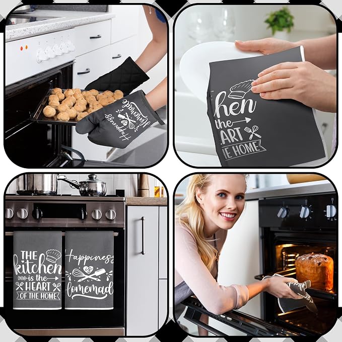 Sratte 6 Pcs Kitchen Decor Accessories Set, Kitchen, Dark Gray | Farmhouse Kitchen Towels Pot Holders Oven Mitts Set 2 Dish Towels 2 Potholders 2 Cooking Mittens for Baking Cooking Supply