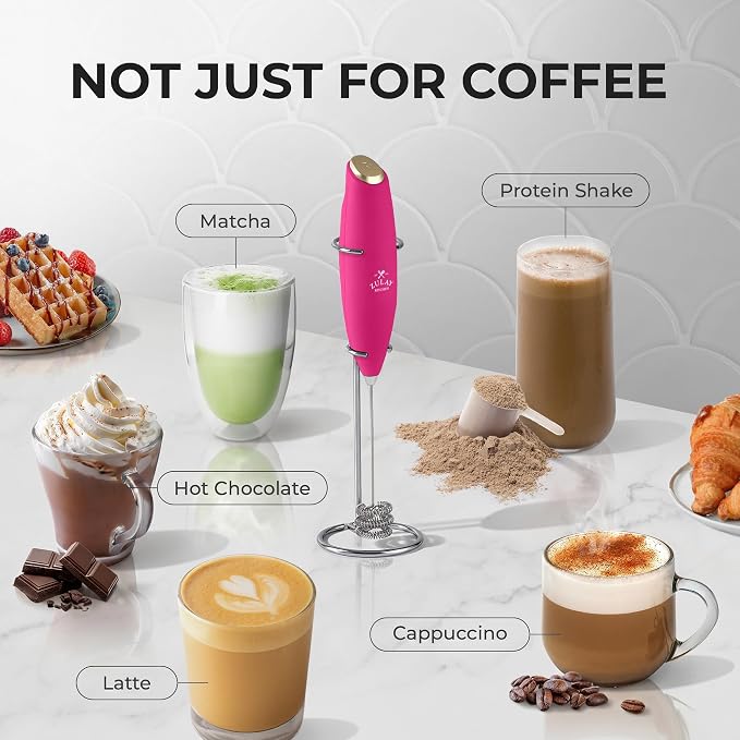 Zulay Kitchen Powerful Milk Frother Wand With Duracell Batteries - Ultra Fast Handheld Drink Mixer - Electric Whisk Foam Maker for Coffee, Lattes, Cappuccino & Matcha - Triple Whisk - Magenta Gold