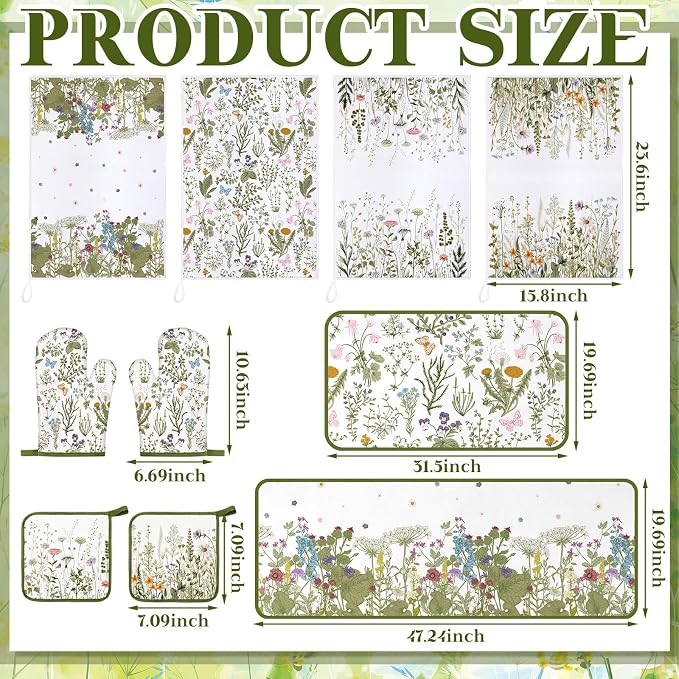 Fourluoo 10 Pcs Wildflower Kitchen Decor Set Grass Dish Towels Kitchen Rugs Oven Mitts and Pot Holders for Cooking Baking Grilling Women Mom Gift