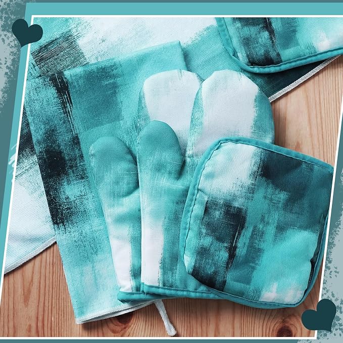 Bencailor 6 Pcs Teal Kitchen Accessories Teal Kitchen Towels Pot Holders and Oven Mitts Turquoise Farmhouse Cooking Mittens Oven Glove and Potholder for Baking Cooking Grilling Supply Accessories
