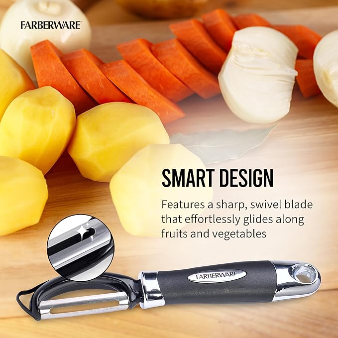Farberware Pro2 Euro Vegetable Peeler with Swivel Blade and Built-In Bud Remover, Razor-Sharp Rust-Resistant Stainless Steel, Ergonomic Handle, Dishwasher Safe
