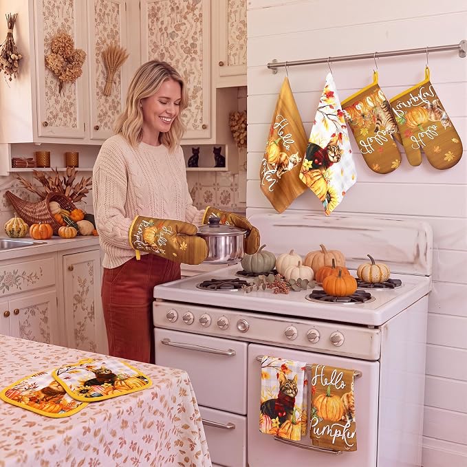 13 Pcs Fall Kitchen Decor Set, Cute Cat Themed Kitchen Towels, Cats Non Slip Floor Mats, Curtains and Valance, Pot Holders Oven Mitts, Home Decoration Gift for Cooking Baking