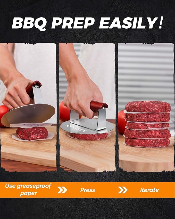 HULISEN Stainless Steel Burger Press, 6.2-Inch Round Burger Smasher | Flat Edge, Heat-Resistant Wooden Handle, Even Pressure for Thin Patties, Griddle Accessories Fit Flat Top Griddles & Skillets
