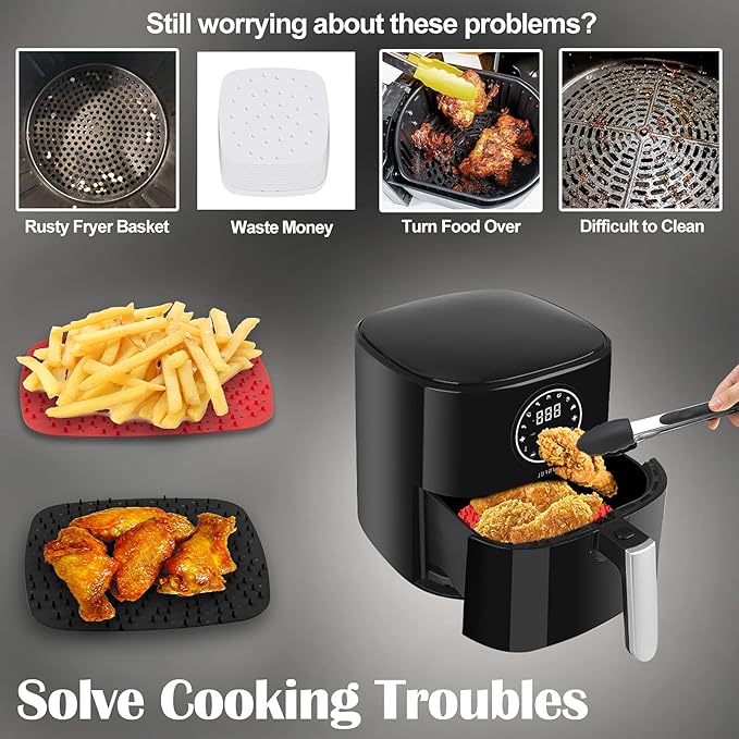 Upgrade Reusable Air Fryer Liners with Raised Silicone | Patented Product | BPA Free Non-Stick Air Fryer Mats | Air Fryer Silicone Tray Accessories | 2 Size Options – 9 Inch Square