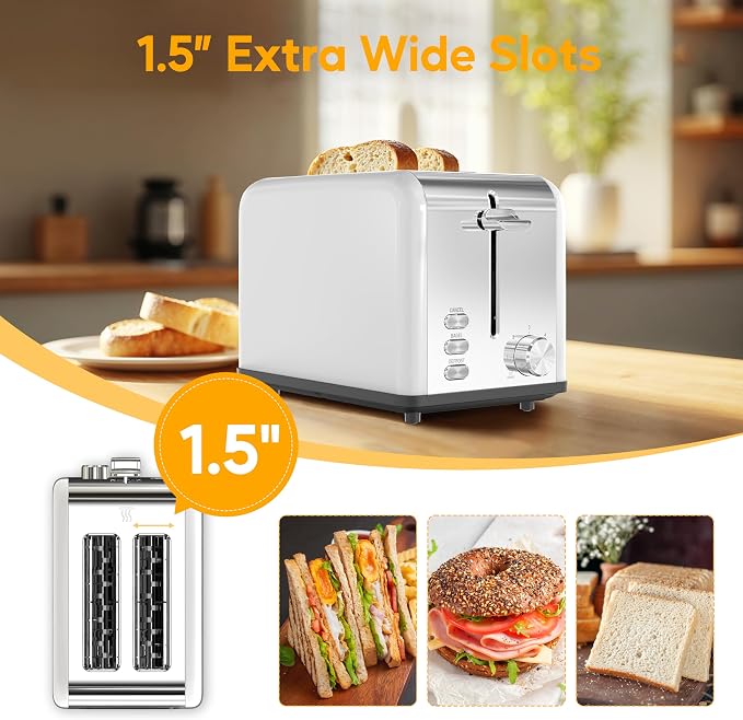 HealSmart 2-Slice Stainless Steel Toaster, 6 Browning Setting and 3 Function Toaster, Extra Wide Slot & Removable Crumb Tray, for Bread & Waffle, White