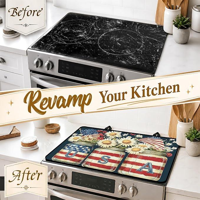 Patriotic Electric Stove Top Cover | Heat Resistant Glass Cooktop Protector for Kitchen Ceramic Countertops, Multiuse Stove Cover and Dish Drying Mat