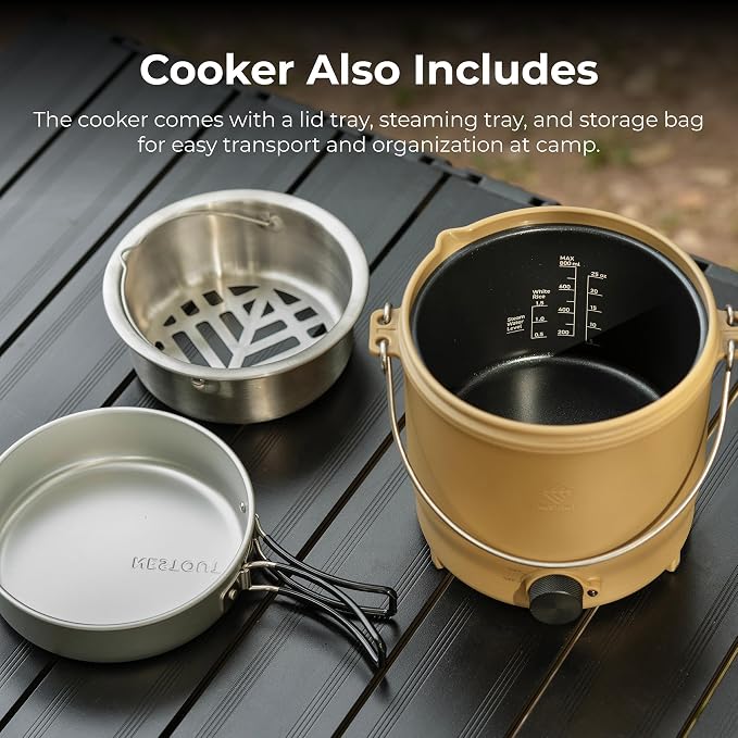 Electric Outdoor Cooker, Portable Hot Pot & Steamer, Rice Cooking Mode, Non-Stick 500W Camping Stove, 3 Heat Settings, 800ml Capacity, Auto Keep Warm, Plug-in for Power Stations (Black)