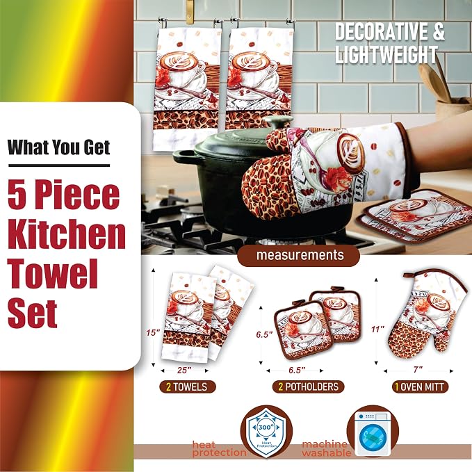 Café Latte 5 Piece Kitchen Towel Set | Kitchen Towel Set with 2 Decorative Dish Towels (25 X15), 1 Oven Mitt (11 X 7) and 2 Potholders (6.5 X 6.5)