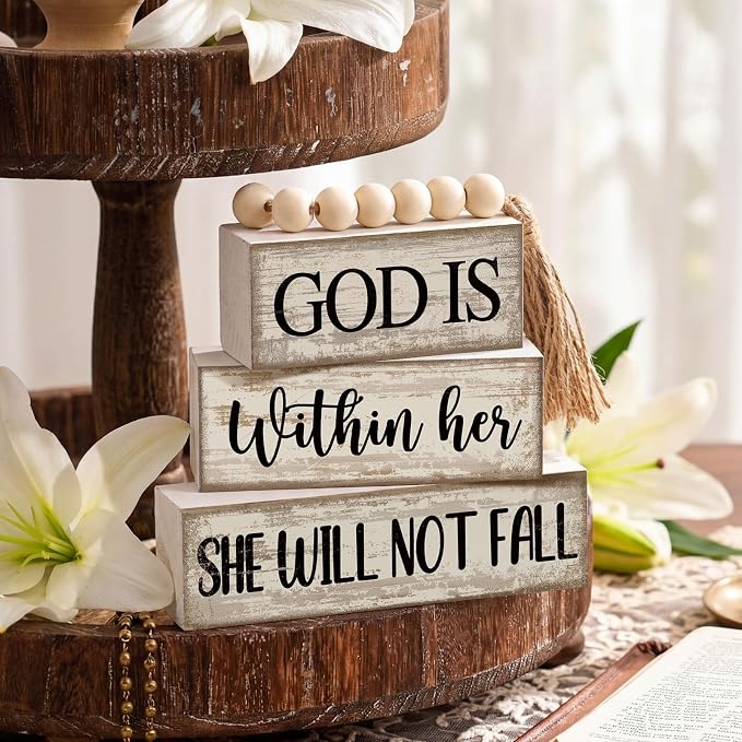Lineshading 4 Pcs Wooden Blocks God Is Within Her Farmhouse Decor | Stacked Block Signs with Beads Tassel, Whitewash Finish, Tiered Tray Decor, Faith Gift for Women, She Will Not Fall