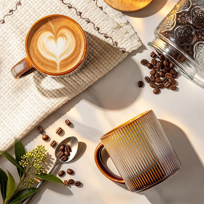 theterra Ceramic Coffee Mugs Set of 6, 14.2 oz Coffee Cups with Handle | Handmade, Suitable for Latte, Tea, Milk, Beer & Hot Cocoa, Creamy Amber