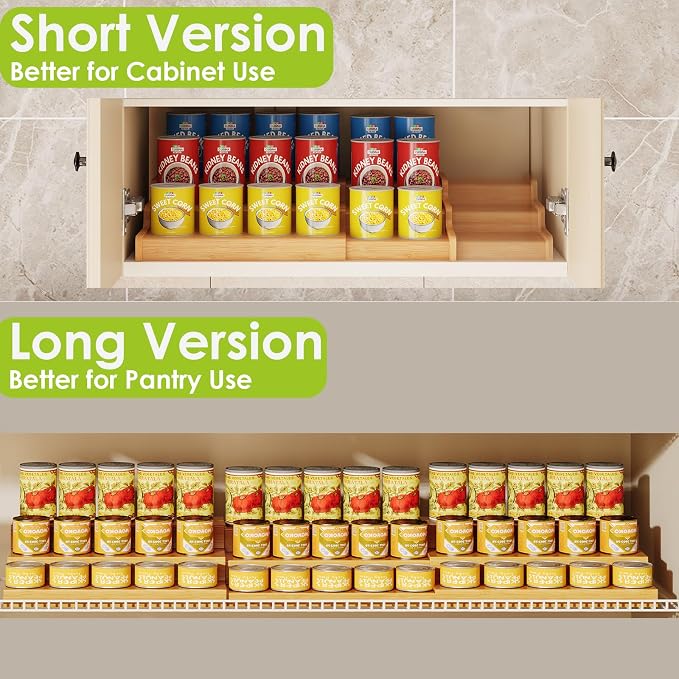 3-Tier Extra-Long Expandable Bamboo Can Rack for Pantry, Holds 45 Cans | Adjustable Pantry Can Organizer, Large Capacity Holds up to 45 Cans, Pantry Shelf & Countertop Storage (Patent Pending)