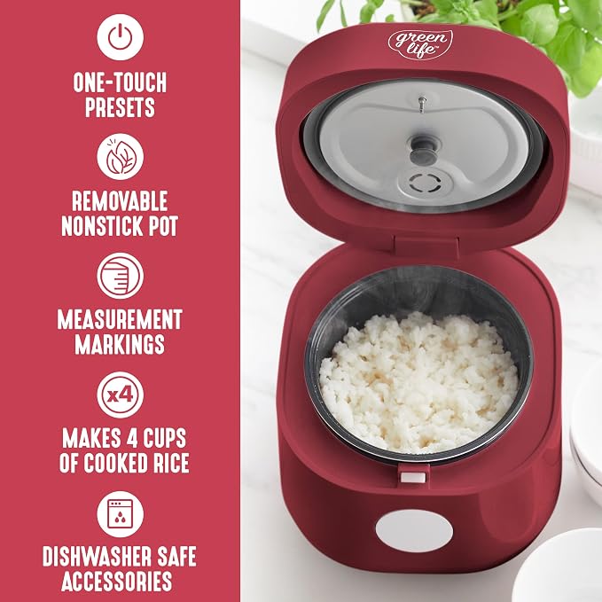 GreenLife Digital Rice Cooker, 2-Cups Uncooked/4-Cups Cooked, Red | PFAS-Free Ceramic Nonstick Coated 1.5QT Pot, One-Touch Presets, Oats, Quinoa, Brown Rice, Auto Warming, Fuzzy Logic Tech