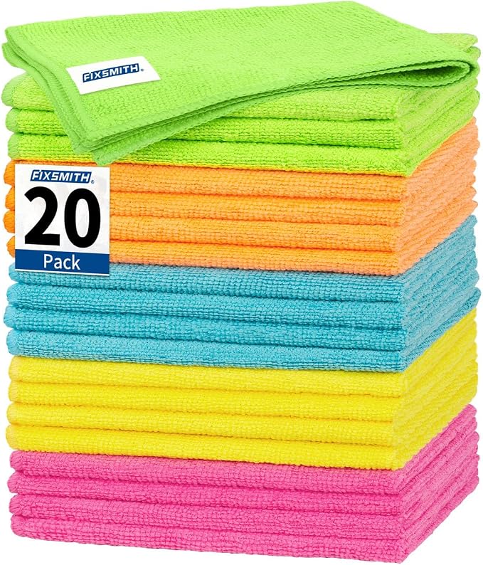 Microfiber Cleaning Cloth, 20 Pack Cleaning Rags, Cleaning Towels for Housekeeping, Kitchen, Car, Lint-Free, Reusable Shop Towels with 5 Colors (Green/Blue/Yellow/Orange/Pink), 12"X12"