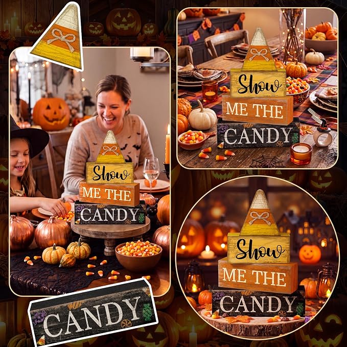 Lineshading 4 Pcs Halloween Table Decoration Candy Corn Wooden Stacked Sign | Rustic Stacked Blocks for Tabletop, Show Me the Candy Theme, Fall Halloween Home Decorations, Tiered Tray Display