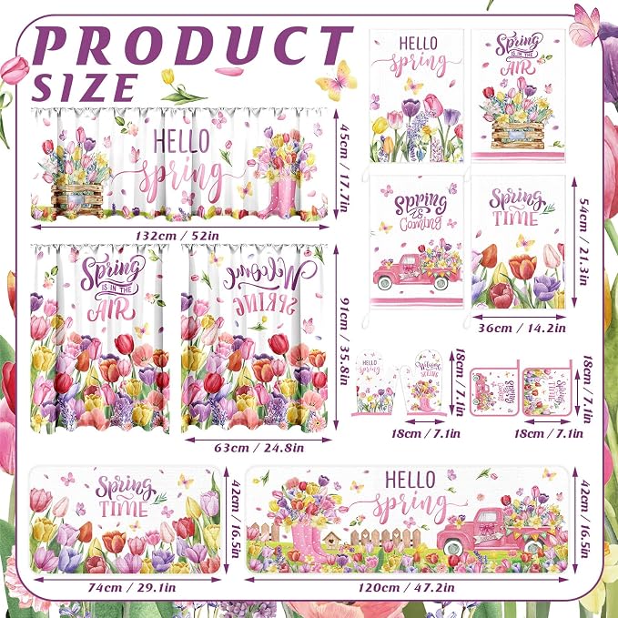 13 Pcs Hello Spring Kitchen Decor Set 3 Floral Kitchen Curtains Valance 2 Tulip Rugs and Mats 4 Spring Hand Towels 2 Paste Pot Holders 2 Oven Mitts for Home Decor Cooking Grilling Housewarming Gift