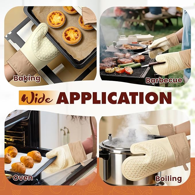 Silicone Oven Mitts (2 PCS), Waterproof Non Slip Grip Oven Gloves with Thick Soft Cotton Lining, Universal Fit Heat Resistant Kitchen Gloves for Baking, BBQ, Cooking and Grilling - White