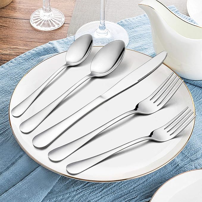 Silverware Set, 40-Piece Flatware Set, E-far Stainless Steel Eating Utensils Service for 8, Dinner Knives/Forks/Spoons, Simple & Classic Design, Mirror Polished & Dishwasher Safe