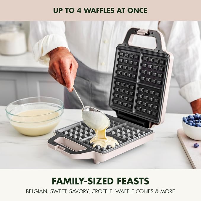 GreenPan Advanced Waffle Maker, 4-Square Belgian & Classic Waffle Maker, PFAS-Free Ceramic Nonstick, Dishwasher Safe Plate, Cool-Touch Handle, Overheat Protection, Easy Clean, Clay
