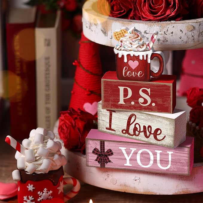 Lineshading 4 Pcs Wooden Block Signs, P.S. I Love You Tiered Tray Decor | Farmhouse Coffee Mug Topper Design, Valentine's Day Tabletop Display, Stackable Set for Home Accents, Distressed Wood
