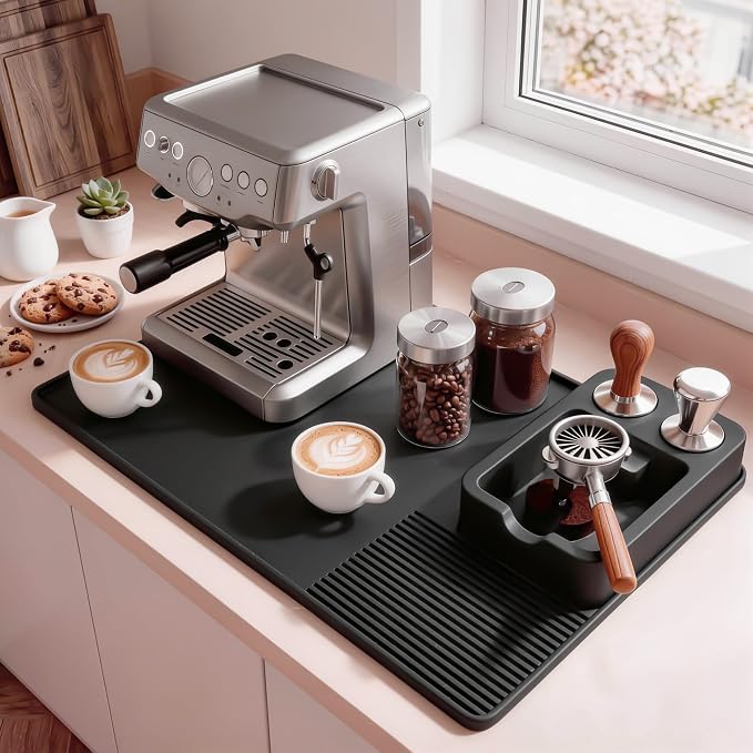Silicone Coffee Mat and Espresso Tamping Mat, Detachable Espresso Mat Accessories, Coffee Bar Mat Suitable for Use Under coffee Maker, Dish Drying Mat for Kitchen Countertop Protector Mat, Black