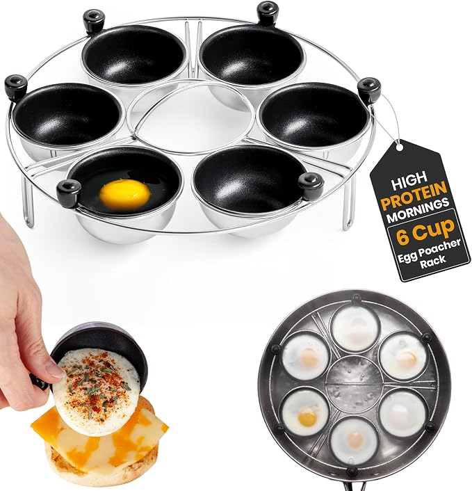 Egg Poacher Insert Stainless Steel Poached Egg Cooker Eggs Poaching Cup PFOA Free Egg Poachers Nonstick, 9 inches Rack, 6 Poached Cups