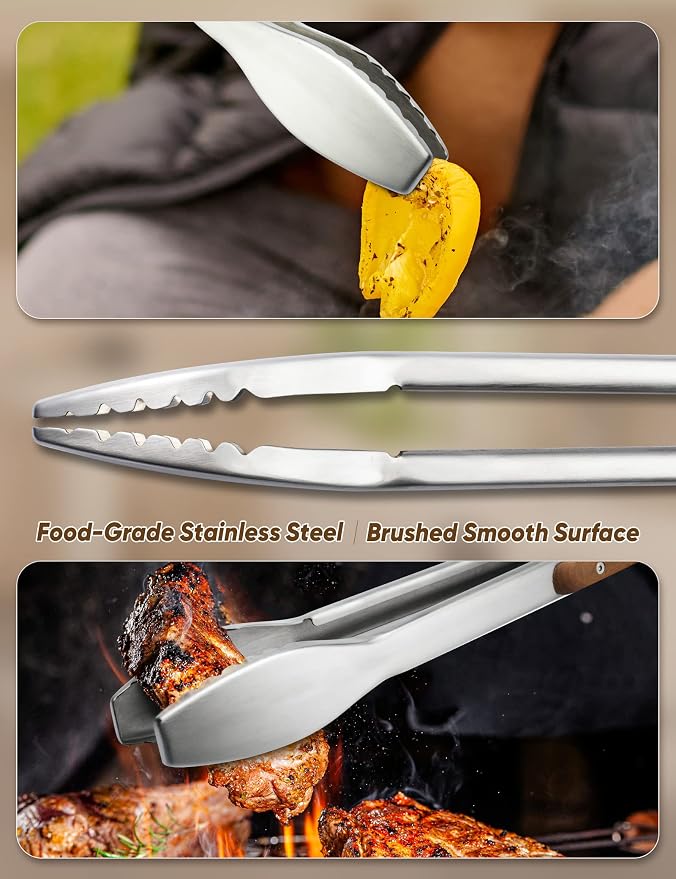 19.5"/50cm Extra Long Wood-Handled Grill Tongs | Heavy Duty Stainless Steel Metal Tongs for BBQ, Grilling, Barbecue, Charcoal, Cooking
