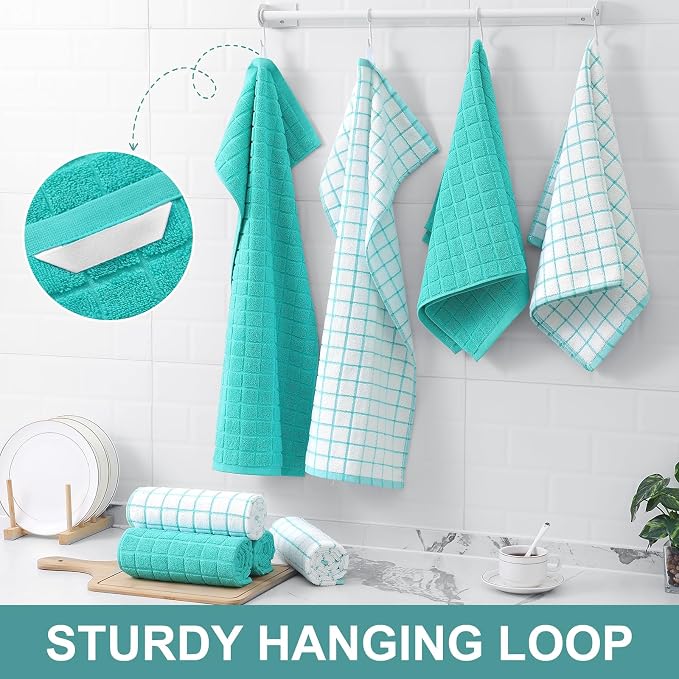 Homaxy Large Premium Cotton Kitchen Towels 16"x 28", 12 Pack, Aqua | Natural Ring Spun 390 GSM Dish Towels, Super Absorbent Terry Kitchen Hand Towels, Soft Tea Towels with Hanging Loop