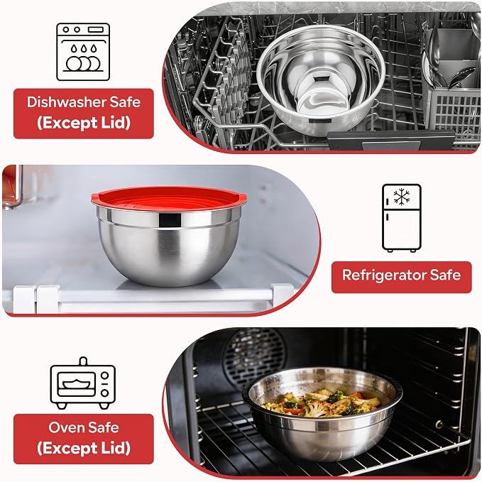 E-far Mixing Bowls with Lids Set, Stainless Steel Cooking Salad Bowls, Red | 10-Piece Metal Nesting Bowls with Airtight Lid for Kitchen Storage, Baking & Prepping, Dishwasher Safe, 0.7/1.5/2.1/3/4.6 QT