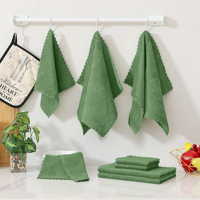 Homaxy Super Soft 12 Pack Kitchen Towels and Dishcloths Set, Grass Green | Ultra-Absorbent, 10 x 10 and 13 x 19 Inches, Coral Velvet, No Lint, Nonstick Oil, Fast Drying, Microfiber Cleaning Cloth