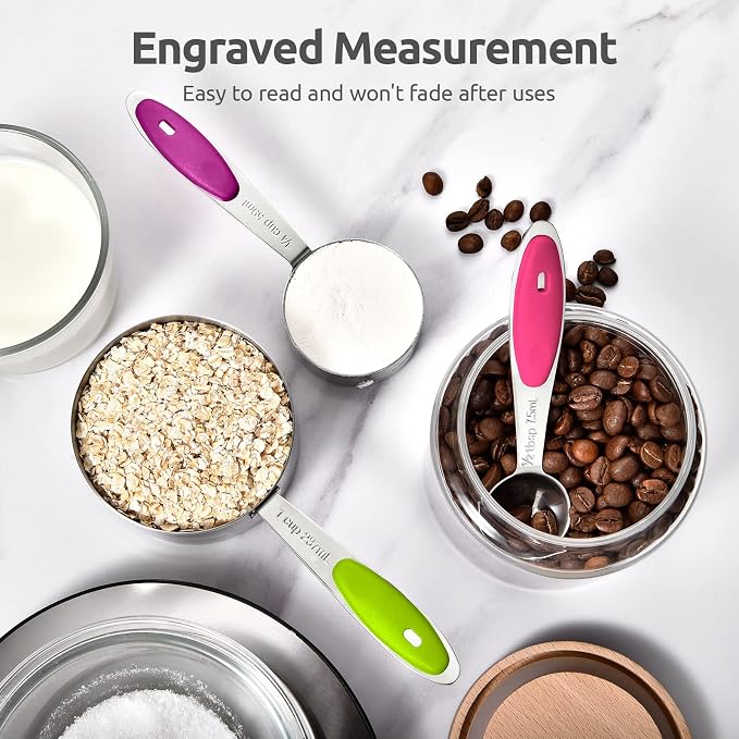 Measuring Cups : U-Taste 18/8 Stainless Steel Measuring Cups and Spoons Set of 10 Piece, Upgraded Thickness Handle (Multicolors) | Upgraded Thickened Handle, Reinforced Welded Joints, Nested Stackable Design, Metal Measure Set for Kitchen Baking Cooking
