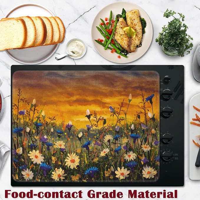 Electric Stove Top Cover Protector,Watercolor Daisies Flowers Glass Flat Top Stove Mat,Heat-Resistant Oven Induction Cooktop Mat for Ceramic Countertop Mats Dish Drying Mat