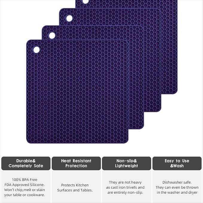 Silicone Trivets for Hot Dishes, Pots and Pans, Hot Pads for Kitchen, Navy Blue Silicone Pot Holders Mats for Kitchen Quartz Counter Heat Resistant Mat, Flexible Table Trivet Mat Set 4
