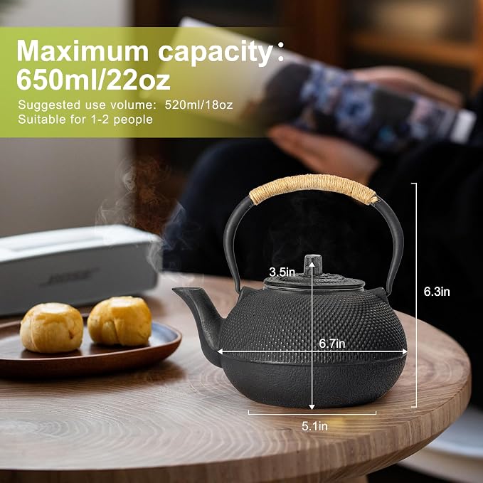 suyika Japanese Tetsubin Cast Iron Teapot Tea Kettle pot with Stainless Steel Infuser for Stovetop Safe Coated with Enameled Interior 22 oz/650 ml | Teapot Tea Kettle pot with Stainless Steel Infuser for Stovetop Safe Coated