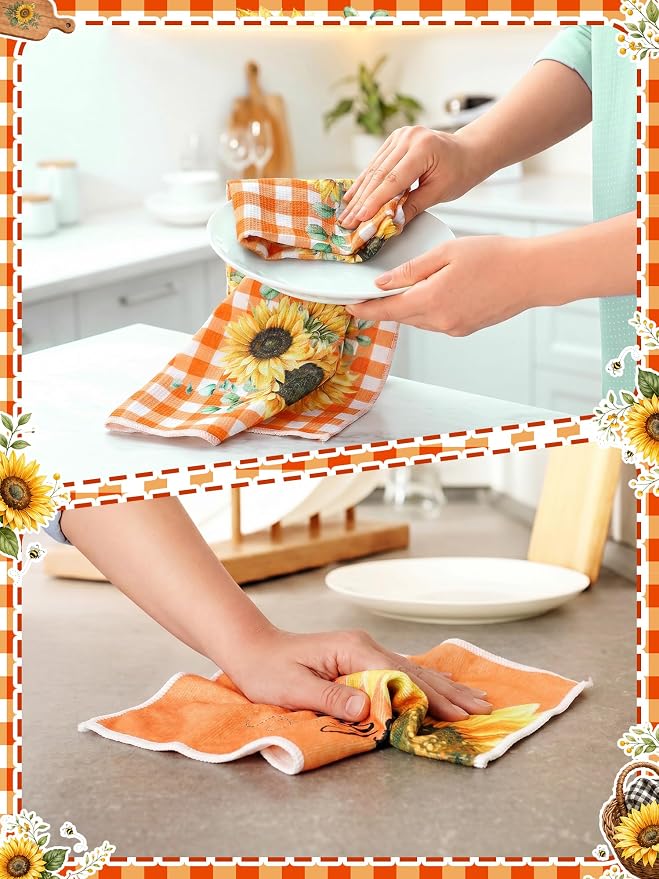 4 Pcs Sunflower Kitchen Towels Burnt Orange Hand Dish Towels Gift | Absorbent Sunshine Grid Fast Drying Tea Dishcloth Housewarming Gift for Cooking Bathroom Kitchen Decor